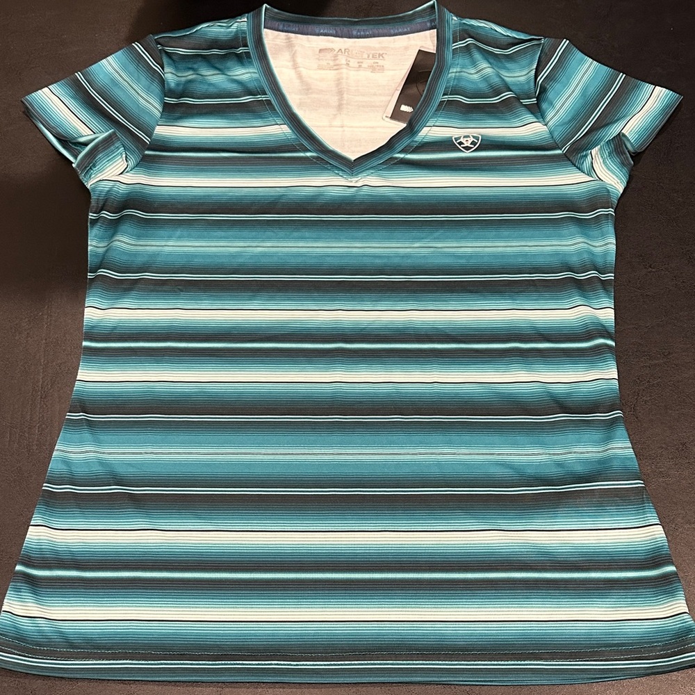 AriatTek Laguna Teal, White & Black Striped V‑Neck Short Sleeve Tee